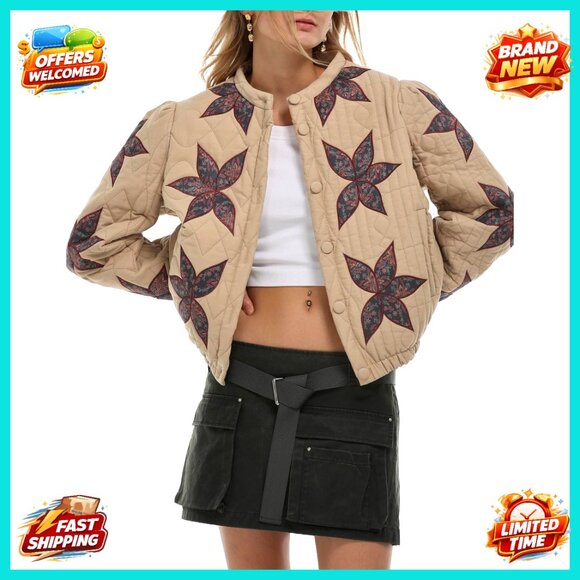 Floral Embroidered Quilted Cropped Puffer Jacket Lightweight Winter Warm Button